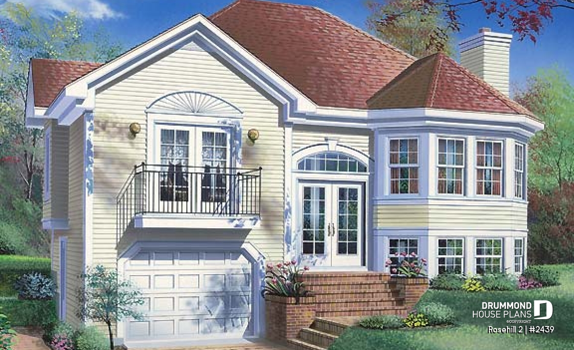 front - BASE MODEL - Split-level house plan with 3 bedrooms, good size family room with fireplace, unfinished daylight basement - Rosehill 2