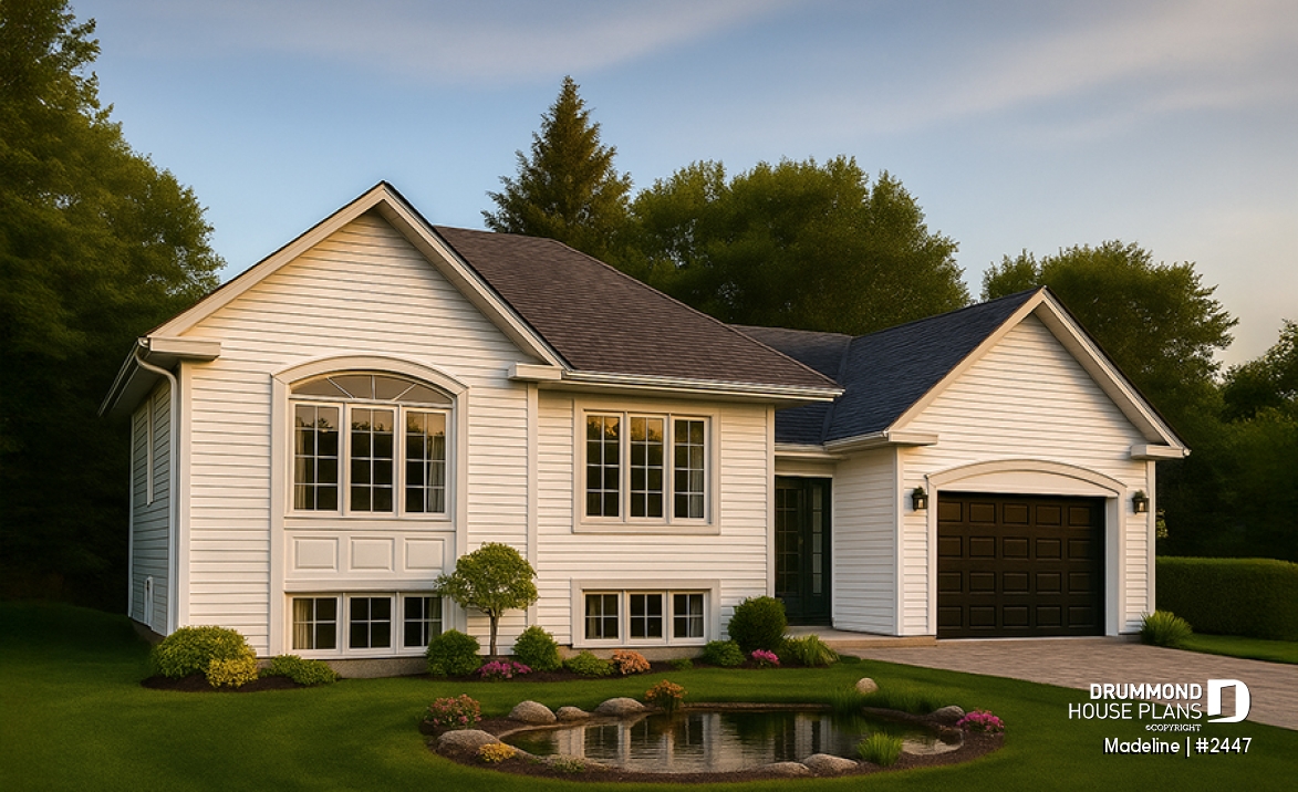front - BASE MODEL - Split-entry house plan, economical, garage with storage, 2 to 4 bedrooms, optional finished basement ($) - Madeline