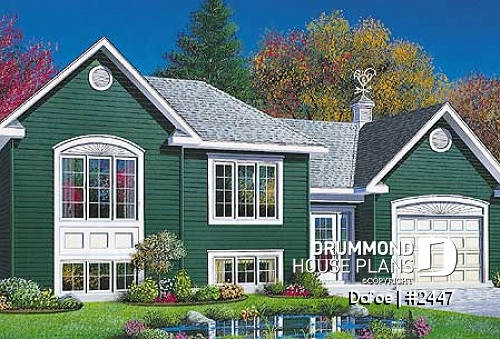 front - BASE MODEL - Traditional split-entry  house plan with 2 bedrooms, one-car garage - Dafoe