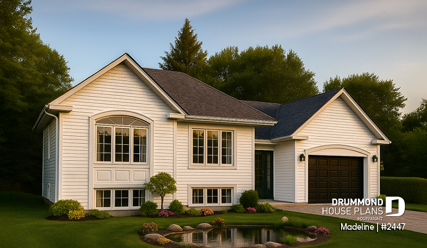 front - BASE MODEL - Split-entry house plan, economical, garage with storage, 2 to 4 bedrooms, optional finished basement ($) - Madeline