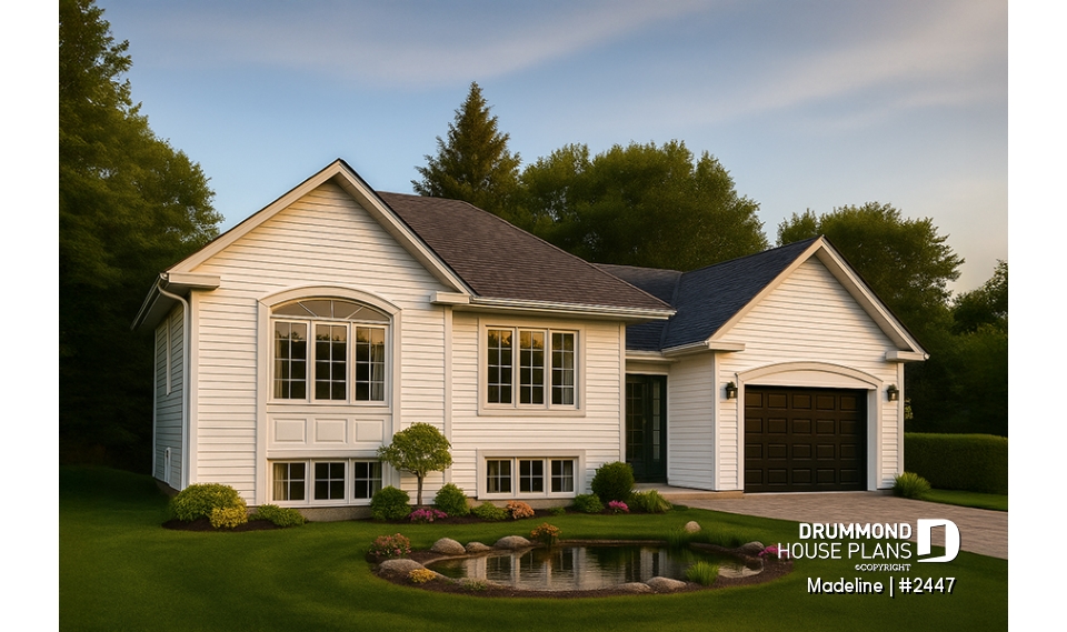 front - BASE MODEL - Split-entry house plan, economical, garage with storage, 2 to 4 bedrooms, optional finished basement ($) - Madeline