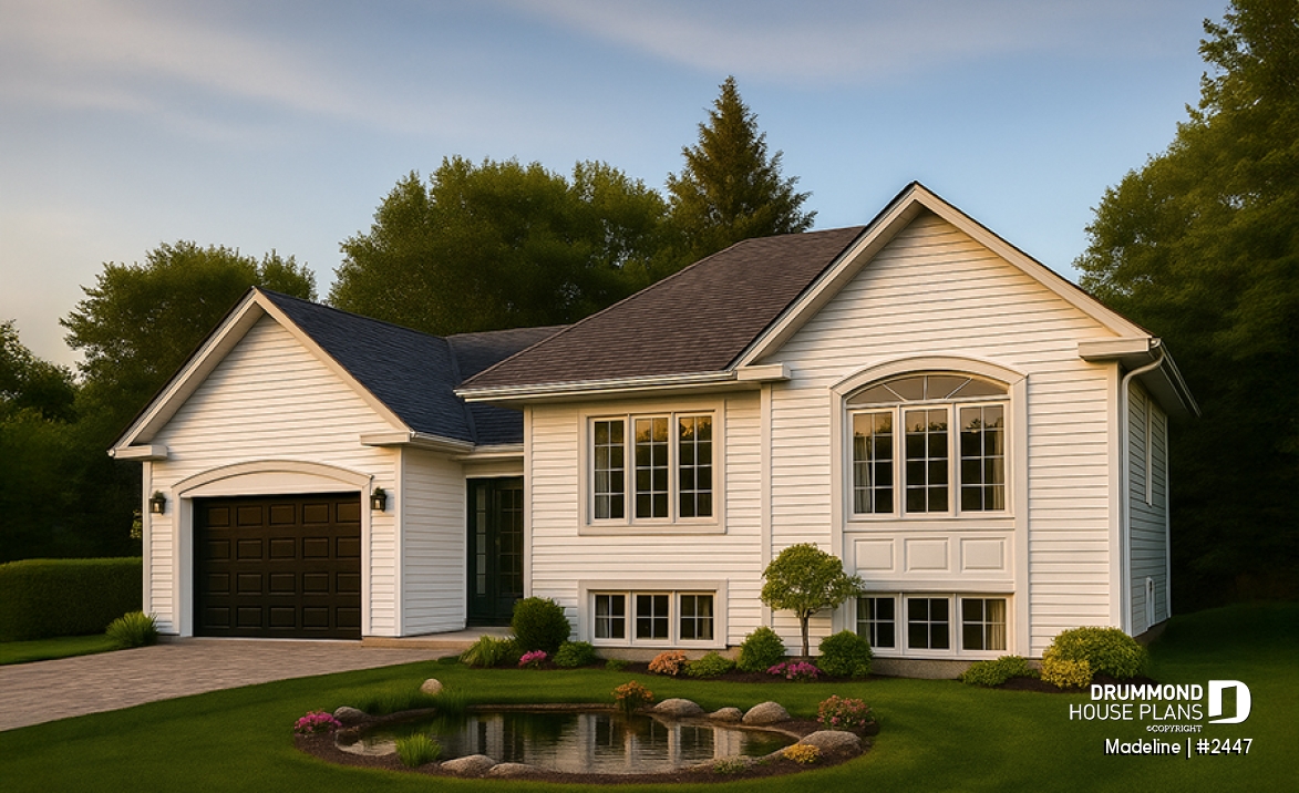 front - BASE MODEL - Split-entry house plan, economical, garage with storage, 2 to 4 bedrooms, optional finished basement ($) - Madeline