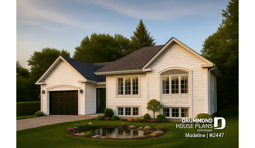 front - BASE MODEL - Split-entry house plan, economical, garage with storage, 2 to 4 bedrooms, optional finished basement ($) - Madeline