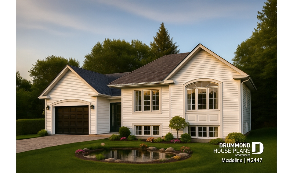 front - BASE MODEL - Split-entry house plan, economical, garage with storage, 2 to 4 bedrooms, optional finished basement ($) - Madeline
