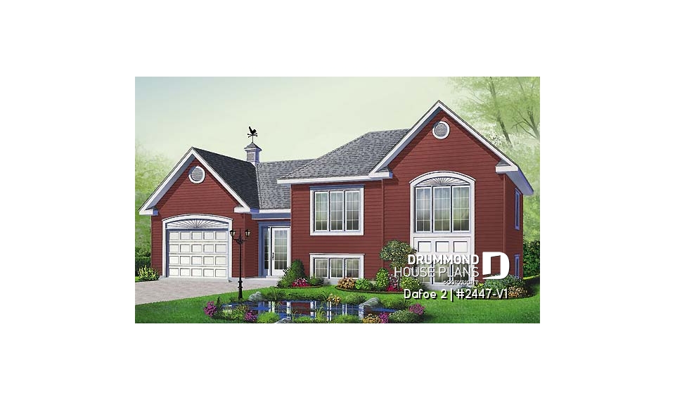 front - BASE MODEL - Split level, 2 bedroom bungalow with large kitchen and a garage - Dafoe 2