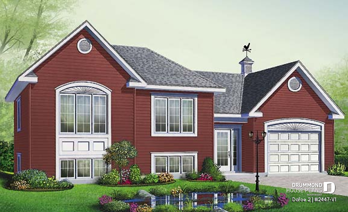 front - BASE MODEL - Split level, 2 bedroom bungalow with large kitchen and a garage - Dafoe 2