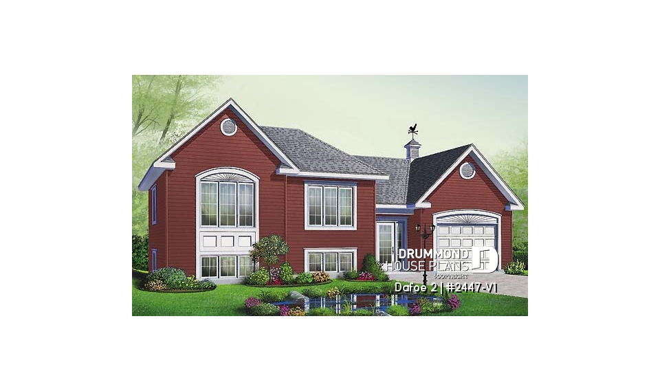 front - BASE MODEL - Split level, 2 bedroom bungalow with large kitchen and a garage - Dafoe 2