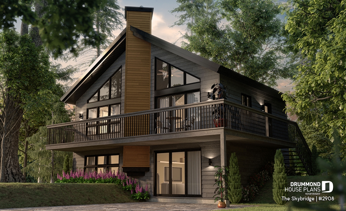 front - BASE MODEL - Rustic A-Frame cottage house plan with walkout basement, cathedral ceiling, 3 to 4 bedrooms, fireplace - The Skybridge