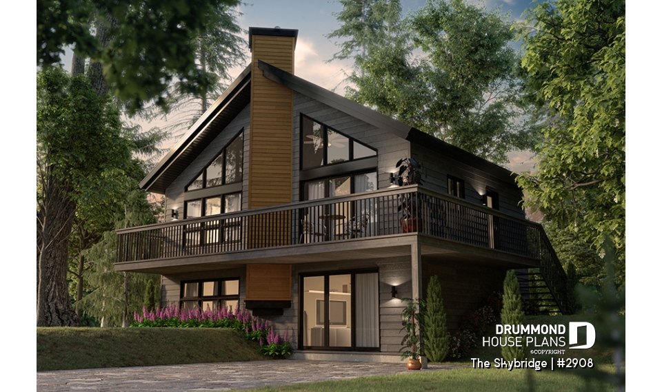 front - BASE MODEL - Rustic A-Frame cottage house plan with walkout basement, cathedral ceiling, 3 to 4 bedrooms, fireplace - The Skybridge