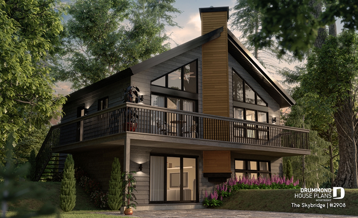 front - BASE MODEL - Rustic A-Frame cottage house plan with walkout basement, cathedral ceiling, 3 to 4 bedrooms, fireplace - The Skybridge
