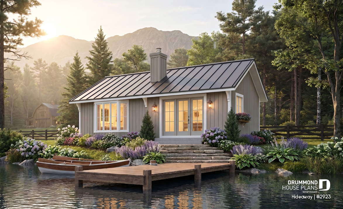 Rear view - BASE MODEL - Simple small tiny cabin house plans with open concept, sleep easily 8 people - Hideaway