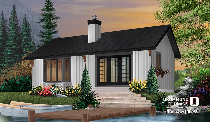 Rear view - BASE MODEL - Simple small tiny cabin house plans with open concept, sleep easily 8 people - Hideaway