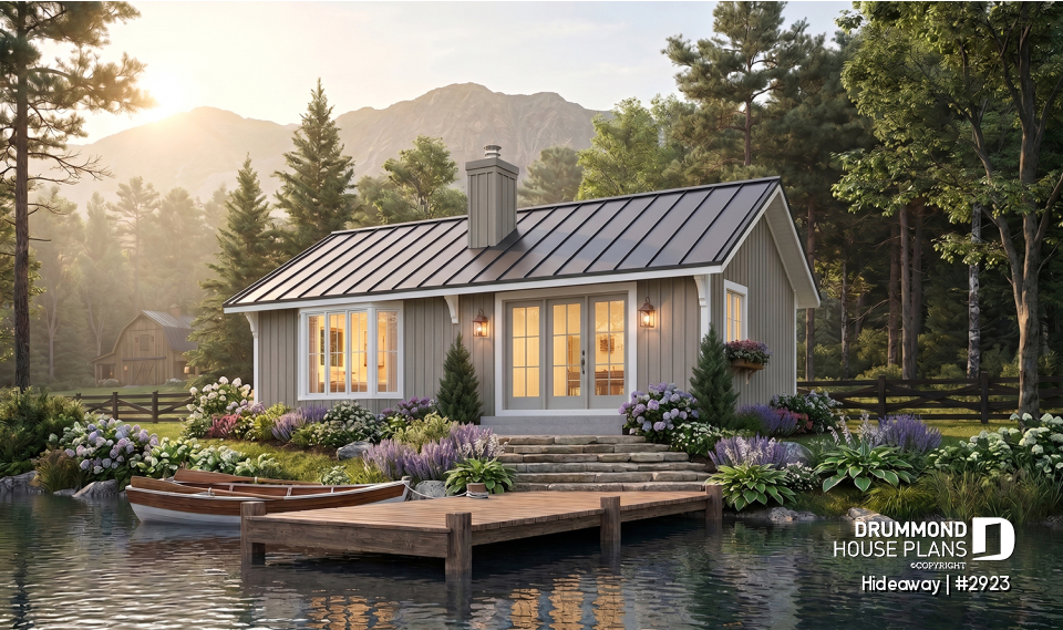 Rear view - BASE MODEL - Simple small tiny cabin house plans with open concept, sleep easily 8 people - Hideaway