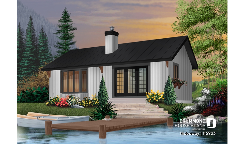 Rear view - BASE MODEL - Simple small tiny cabin house plans with open concept, sleep easily 8 people - Hideaway