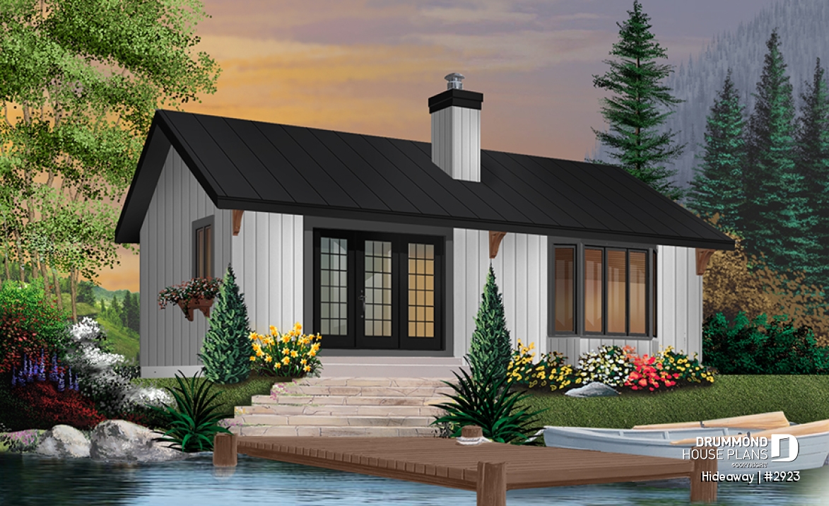 Rear view - BASE MODEL - Simple small tiny cabin house plans with open concept, sleep easily 8 people - Hideaway