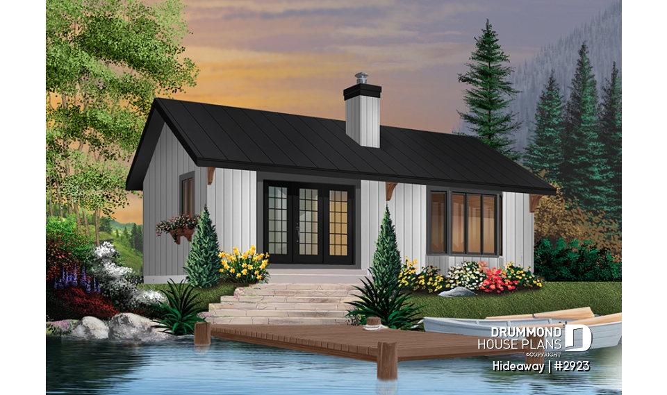 Rear view - BASE MODEL - Simple small tiny cabin house plans with open concept, sleep easily 8 people - Hideaway