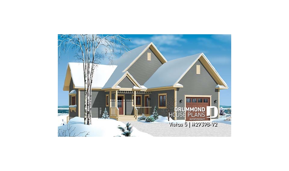 front - BASE MODEL - Charming chalet cottage house plan, 1 to 3 bedrooms, garage, 2 family rooms, finished walkout basement - Vistas 5