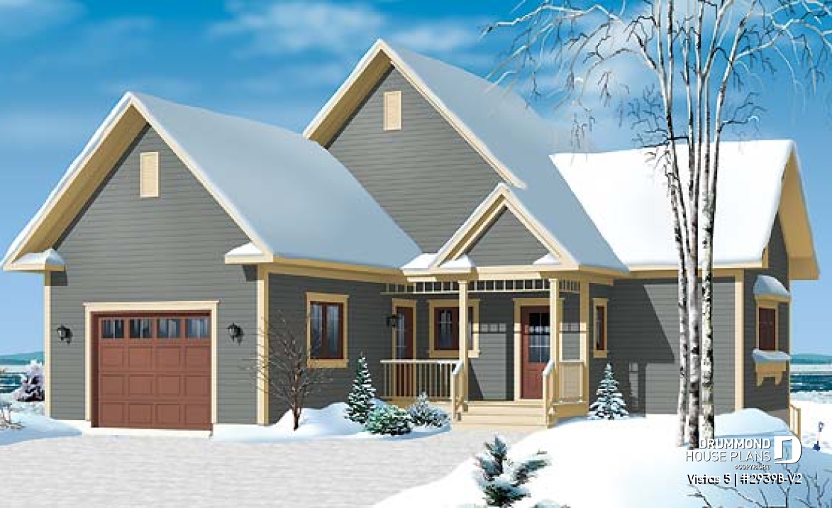 front - BASE MODEL - Charming chalet cottage house plan, 1 to 3 bedrooms, garage, 2 family rooms, finished walkout basement - Vistas 5