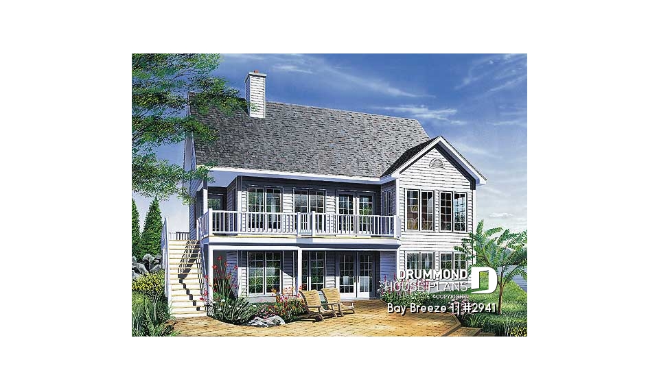 Rear view - BASE MODEL - Cottage plan with cathedral ceiling, unfinished walkout basement, 2 to 5 bedrooms, large deck - Bay Breeze 1