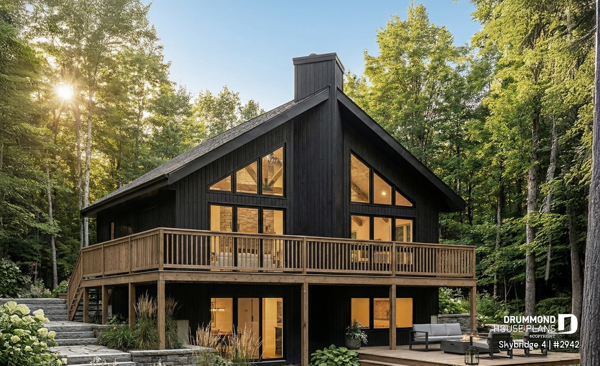 front - BASE MODEL - Affordable small cottage plan with walkout basement, cathedral ceiling, large fireplace and up to 3 bedrooms - Skybridge 4