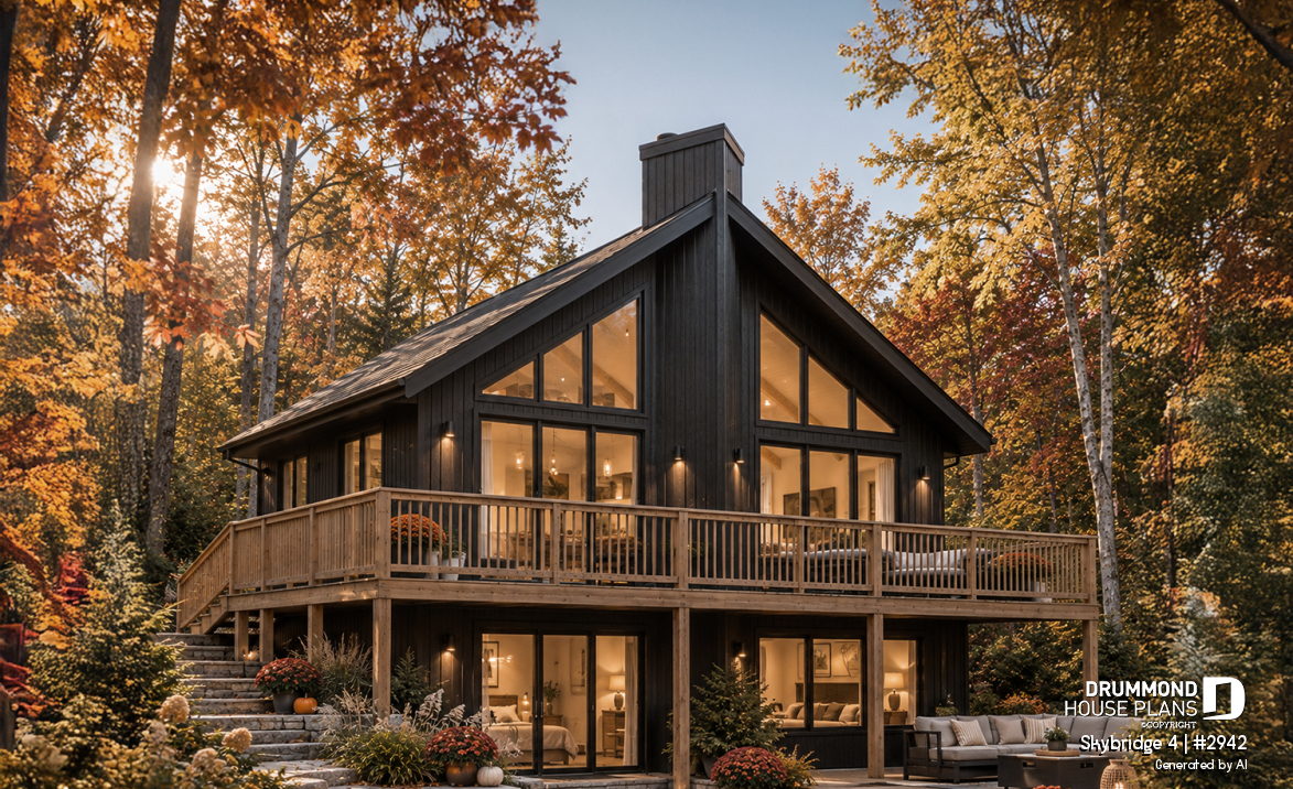 front - BASE MODEL - Affordable small cottage plan with walkout basement, cathedral ceiling, large fireplace and up to 3 bedrooms - Skybridge 4