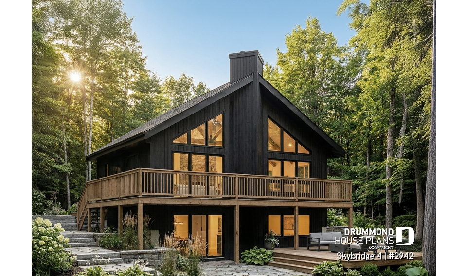 front - BASE MODEL - Affordable small cottage plan with walkout basement, cathedral ceiling, large fireplace and up to 3 bedrooms - Skybridge 4