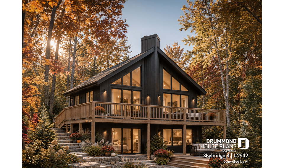 front - BASE MODEL - Affordable small cottage plan with walkout basement, cathedral ceiling, large fireplace and up to 3 bedrooms - Skybridge 4