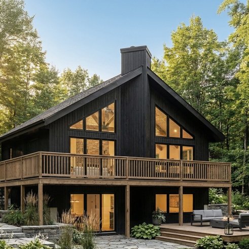 front - BASE MODEL - Affordable small cottage plan with walkout basement, cathedral ceiling, large fireplace and up to 3 bedrooms - Skybridge 4