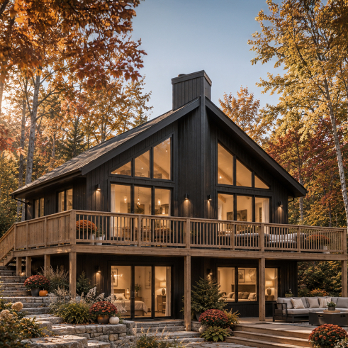 front - BASE MODEL - Affordable small cottage plan with walkout basement, cathedral ceiling, large fireplace and up to 3 bedrooms - Skybridge 4