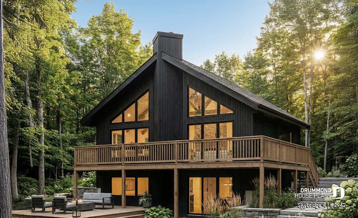 front - BASE MODEL - Affordable small cottage plan with walkout basement, cathedral ceiling, large fireplace and up to 3 bedrooms - Skybridge 4