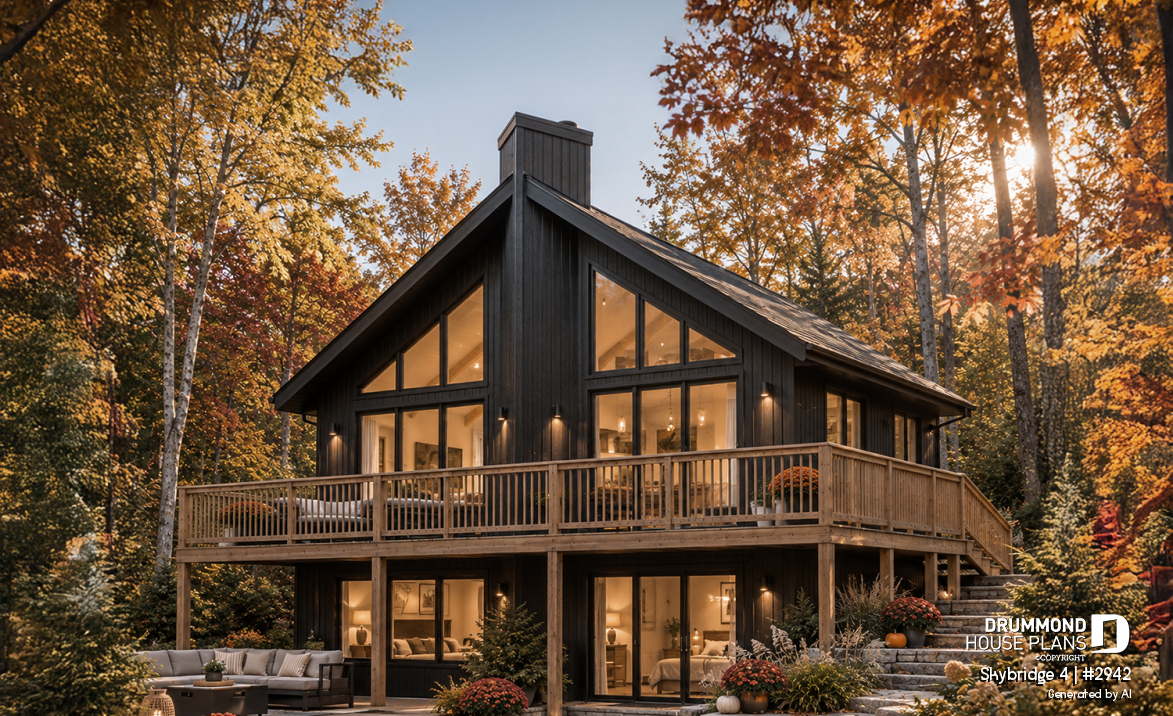front - BASE MODEL - Affordable small cottage plan with walkout basement, cathedral ceiling, large fireplace and up to 3 bedrooms - Skybridge 4