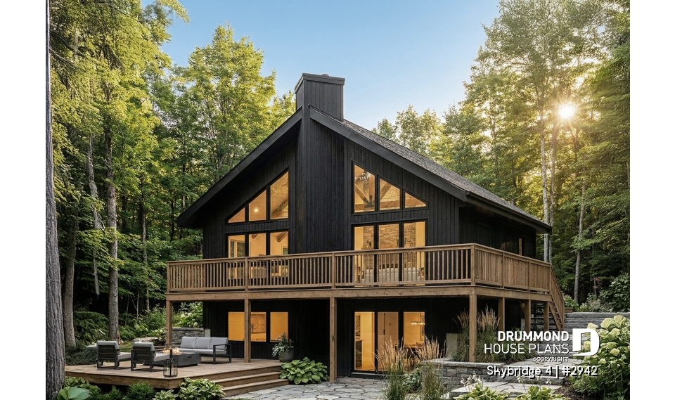 front - BASE MODEL - Affordable small cottage plan with walkout basement, cathedral ceiling, large fireplace and up to 3 bedrooms - Skybridge 4