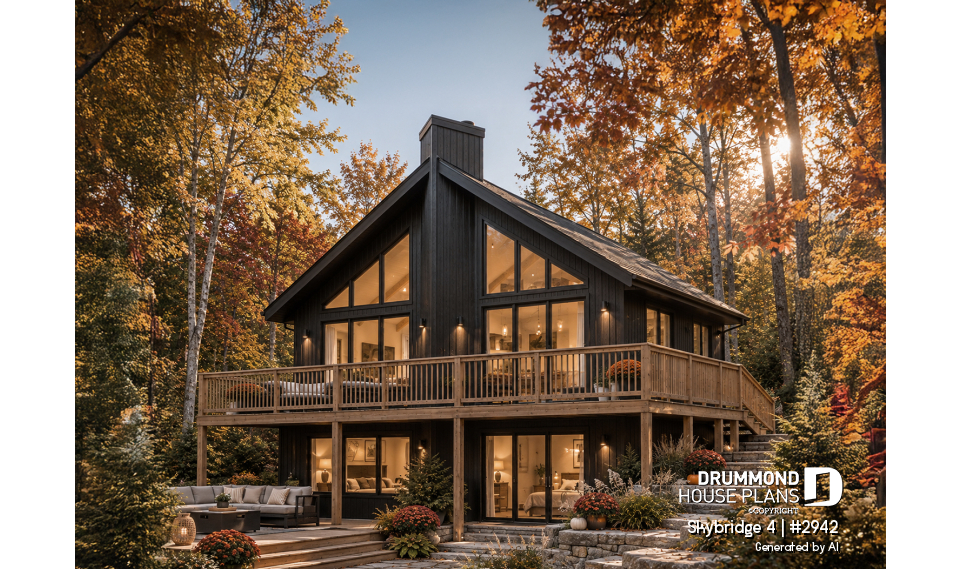 front - BASE MODEL - Affordable small cottage plan with walkout basement, cathedral ceiling, large fireplace and up to 3 bedrooms - Skybridge 4