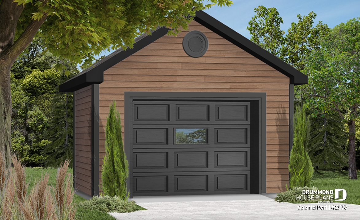 Color version 2 - Front - Single detached American-style garage plan, which can be harmonized with several styles of house - Colonial Port