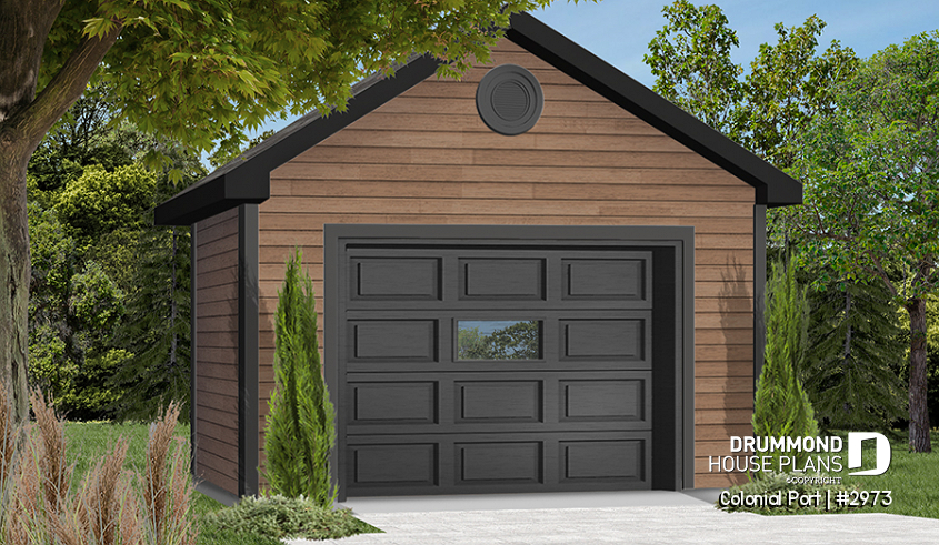 Color version 2 - Front - Single detached American-style garage plan, which can be harmonized with several styles of house - Colonial Port