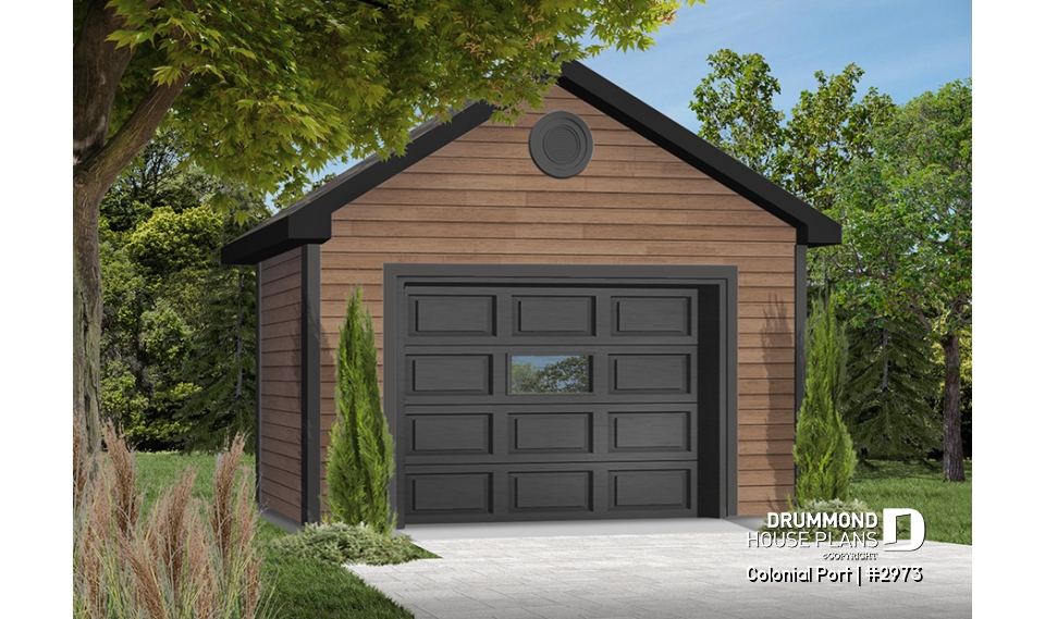 Color version 2 - Front - Single detached American-style garage plan, which can be harmonized with several styles of house - Colonial Port