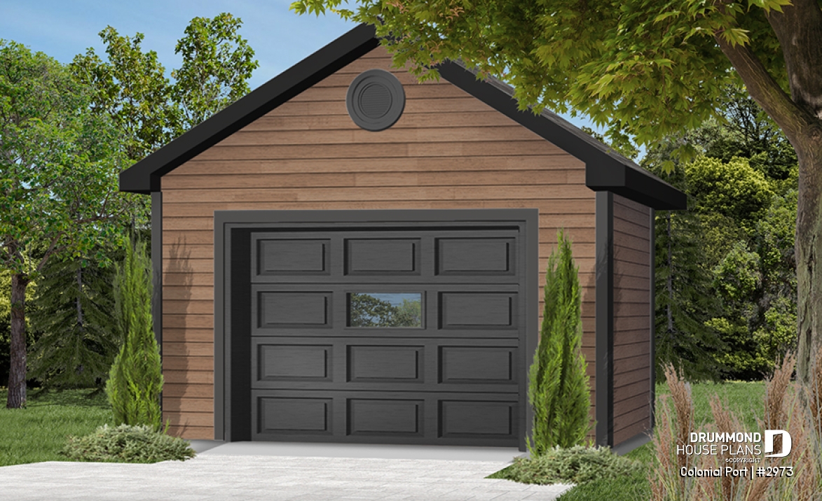 Color version 2 - Front - Single detached American-style garage plan, which can be harmonized with several styles of house - Colonial Port