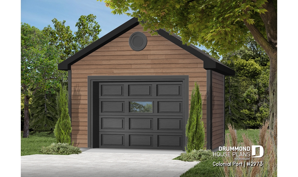 Color version 2 - Front - Single detached American-style garage plan, which can be harmonized with several styles of house - Colonial Port