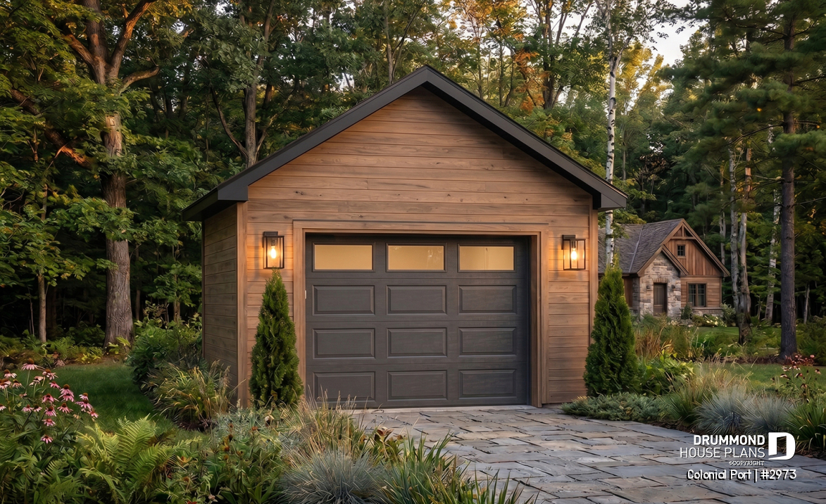 front - BASE MODEL - Single detached American-style garage plan, which can be harmonized with several styles of house - Colonial Port