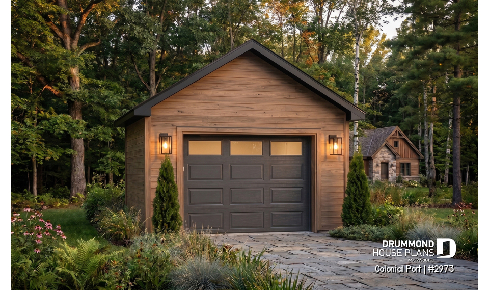 front - BASE MODEL - Single detached American-style garage plan, which can be harmonized with several styles of house - Colonial Port