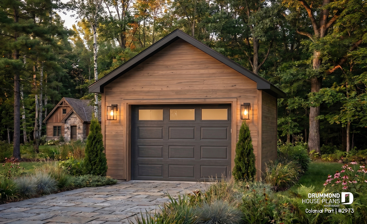 front - BASE MODEL - Single detached American-style garage plan, which can be harmonized with several styles of house - Colonial Port