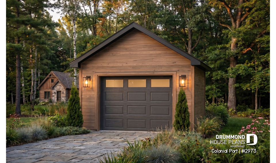 front - BASE MODEL - Single detached American-style garage plan, which can be harmonized with several styles of house - Colonial Port