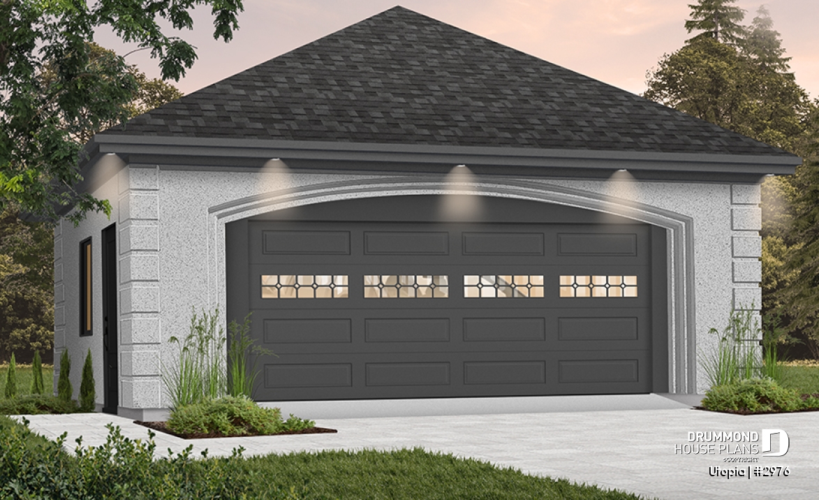 Color version 1 - Front - Two-car garage plan with side door. PDF and blueprints available. - Utopia