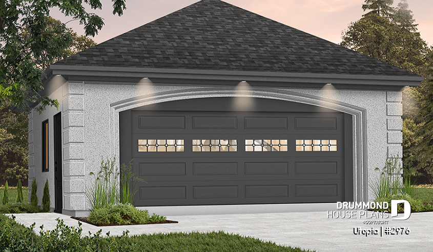 Color version 1 - Front - Two-car garage plan with side door. PDF and blueprints available. - Utopia