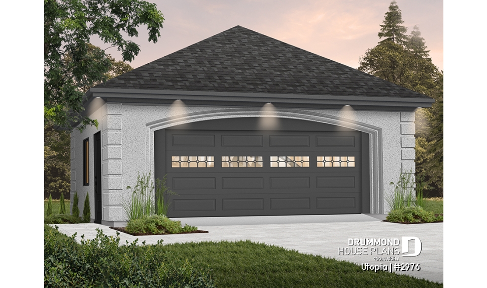 Color version 1 - Front - Two-car garage plan with side door. PDF and blueprints available. - Utopia