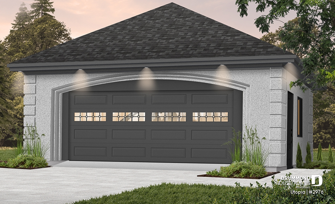 Color version 1 - Front - Two-car garage plan with side door. PDF and blueprints available. - Utopia
