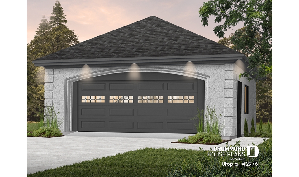 Color version 1 - Front - Two-car garage plan with side door. PDF and blueprints available. - Utopia