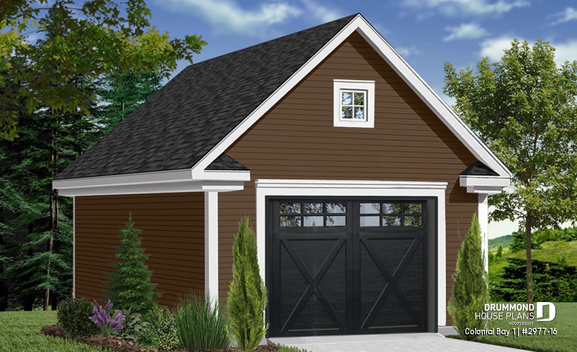 front - BASE MODEL - One-car garage plan with bonus storage in attic. PDF and blueprints available. - Colonial Bay 1