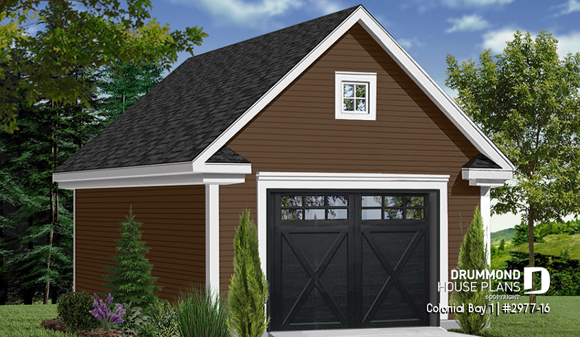front - BASE MODEL - One-car garage plan with bonus storage in attic. PDF and blueprints available. - Colonial Bay 1