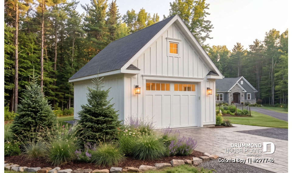 front - BASE MODEL - One-car garage plan with bonus storage in attic. PDF and blueprints available. - Colonial Bay 1